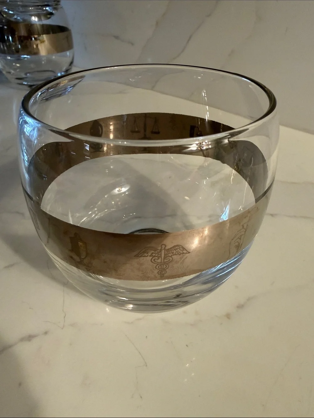 Mid Century Modern Roly Poly Glasses Silver Band with Apothecary Design Set of 4